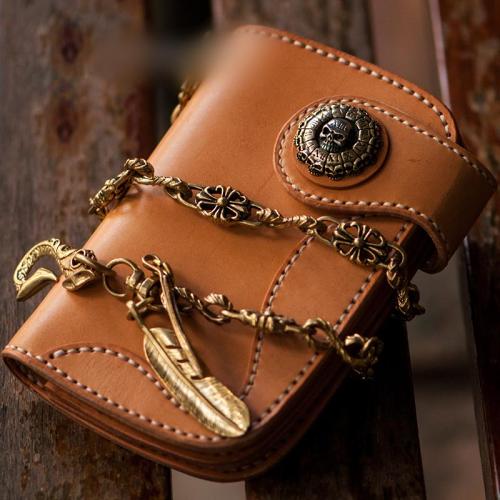 Handmade Leather Short Mens Chain Biker Wallet Cool Leather Wallet With Chain Wallets for Men