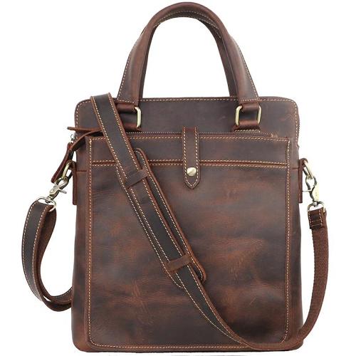 Vintage Black Mens Leather Vertical Briefcases Work Handbag Brown 10'' Computer Briefcases For Men