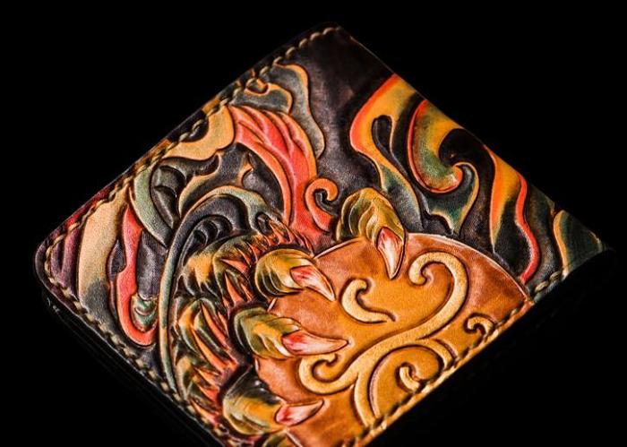 Handmade Leather Chinese Lion Tooled Mens billfold Wallet Cool Leather Wallet Slim Wallet for Men