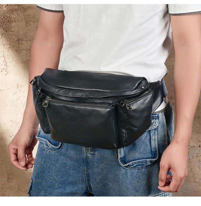Large Black Leather Fanny Pack Men's Black Chest Bag Hip Bag Large Capacity Waist Bag For Men