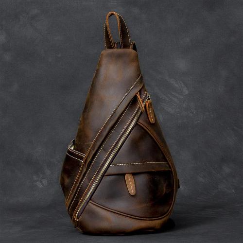 Vintage Leather Mens 16 Backpack Sling Bag Brown Chest Bag One Shoulder Backpack for Men