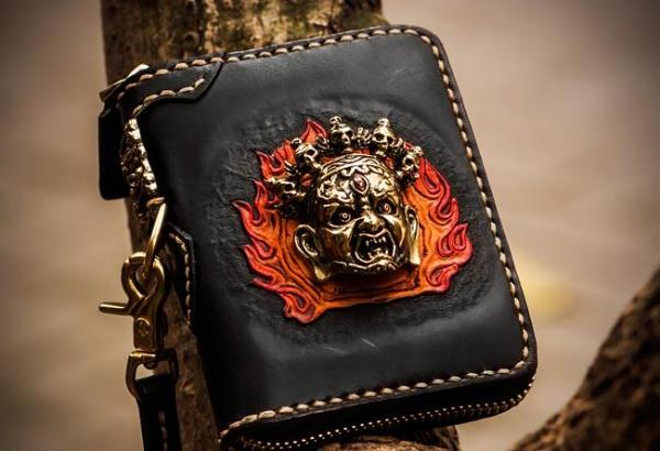 Handmade Mahākāla Leather Black Biker Wallet Mens Cool Short Chain Wallet Trucker Wallet with Chain