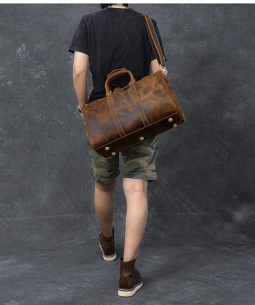 Retro Brown Leather Men's Business Overnight Bag Large Travel Bag Duffel Bag Weekender Bag For Men