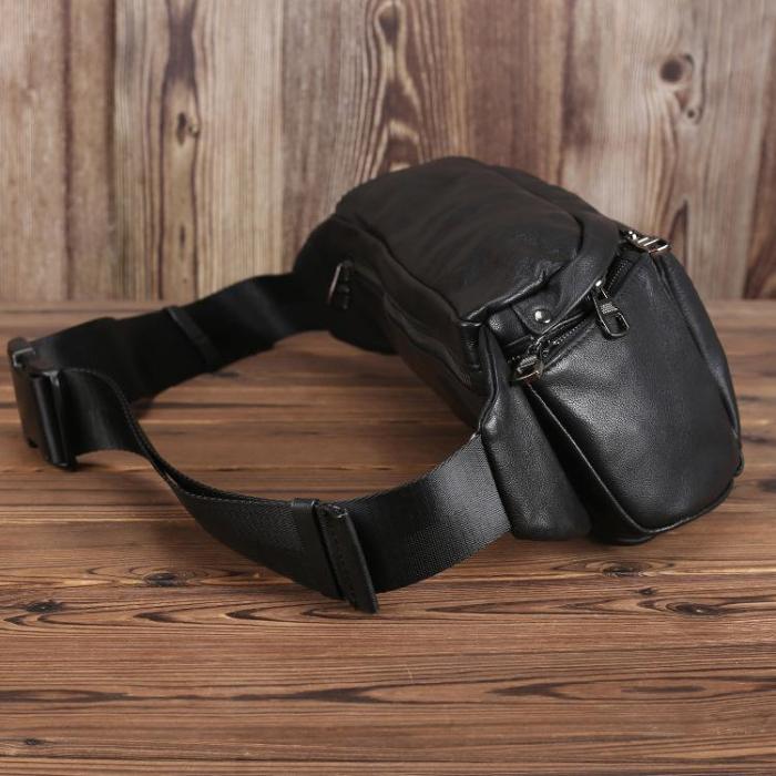 Large Black Leather Fanny Pack Men's Black Chest Bag Hip Bag Large Capacity Waist Bag For Men
