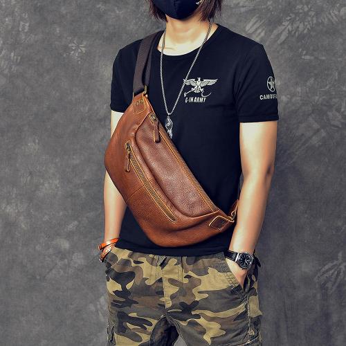 Cool Leather Mens 8 Large Brown Fanny Pack Waist Bag Hip Bag Chest Bag for Men
