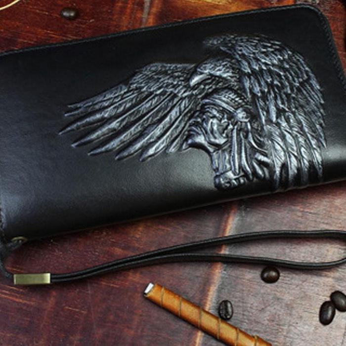 Handmade Leather Mens Tooled Indian Cool Zipper Phone Travel Long Wallet Card Holder Card Slim Clutch Wallets for Men