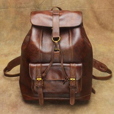 Vintage Lambskin Brown Leather Men's 14'' Laptop Backpack Black Satchel Backpack For Men