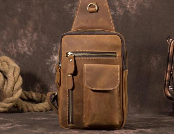 Retro Brown Leather Chest Bag Sling Bag Crossbody Sling Bag Hiking Sling Bag For Men