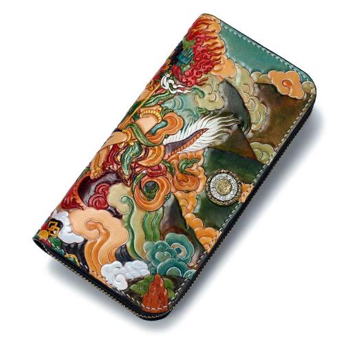 Handmade Leather Tooled White Jambhala Mens Long Wallet Cool Leather Clutch Wallets for Men