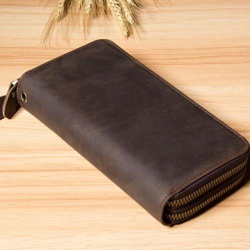 Genuine Cool Leather Mens Clutch Vintage Wallet Double Zipper Clutch Wristlet Bag Wallet for Men