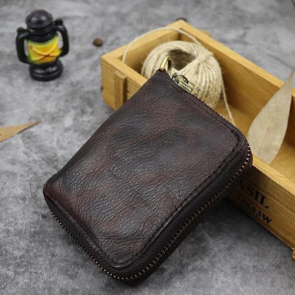 Vintage Leather Brown Men's Bifold Small Wallet Black Zipper billfold Wallet For Men