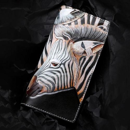 Handmade Leather Zebra Tooled Mens Chain Biker Wallet Cool Leather Wallet With Chain Wallets for Men