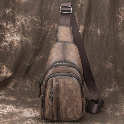 Brown Cool LEATHER MENS Sling Bag 8 inches Small Gray One Shoulder Backpack Chest Bag For Men