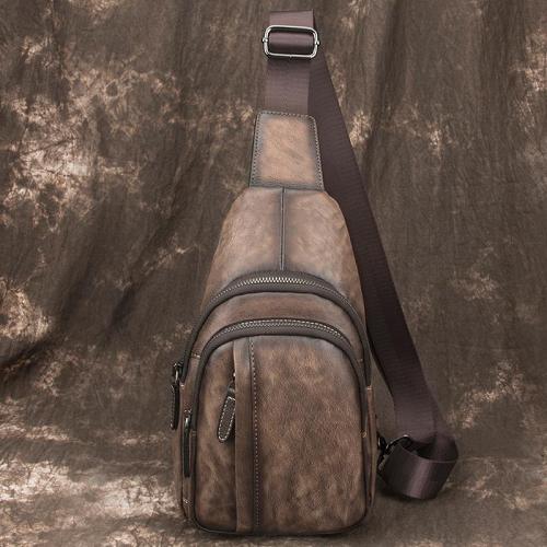 Brown Cool LEATHER MENS Sling Bag 8 inches Small Gray One Shoulder Backpack Chest Bag For Men
