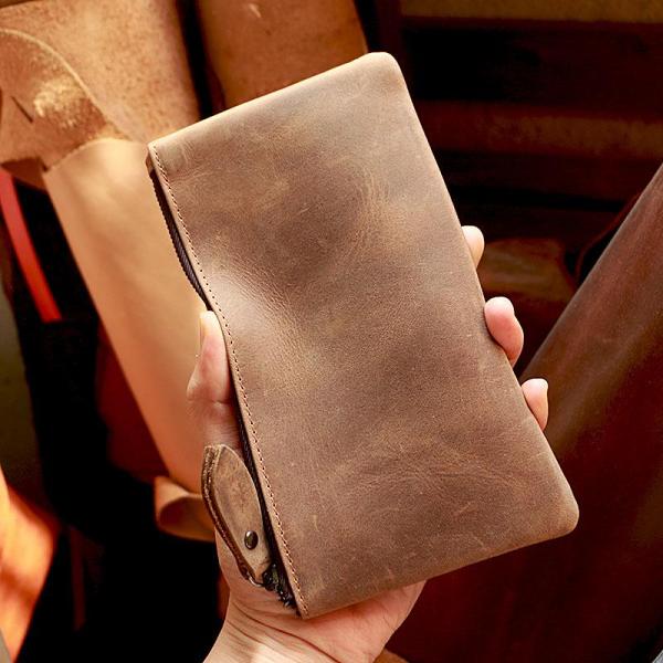 Vintage Black Leather Mens Phone Wallet Clutch Bag Wristlet Bag Zipper Long Wallet For Men