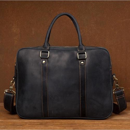 Brown Leather Mens 14 inches Briefcase Laptop Bag Navy Business Bags Work Bag for Men