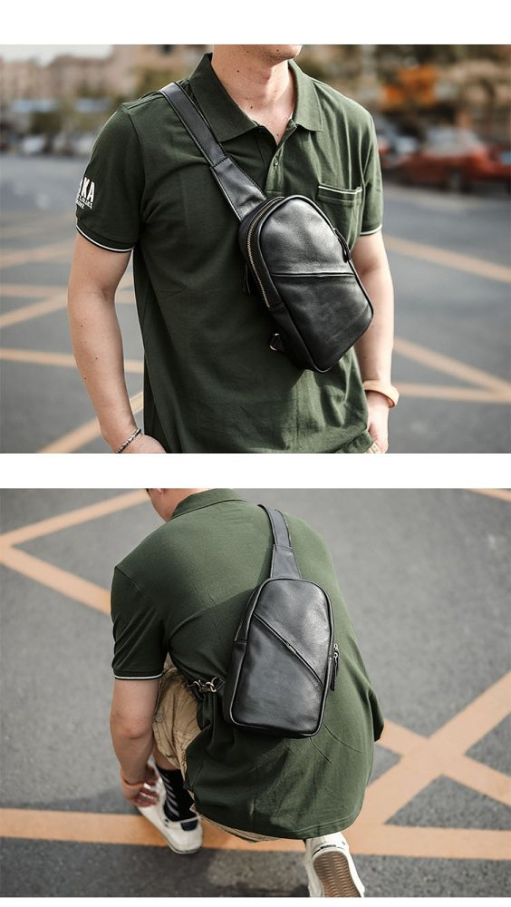 Vintage Dark Brown Leather Mens Chest Bag Black Sling Bag Sling Pack For Men