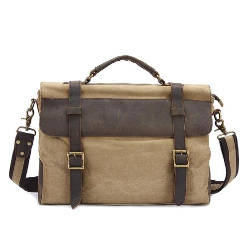 Canvas Leather Mens Vintage Khaki 14'' Briefcase Side Bag Lake Green Messenger Bag Brown Courier Bag for Men