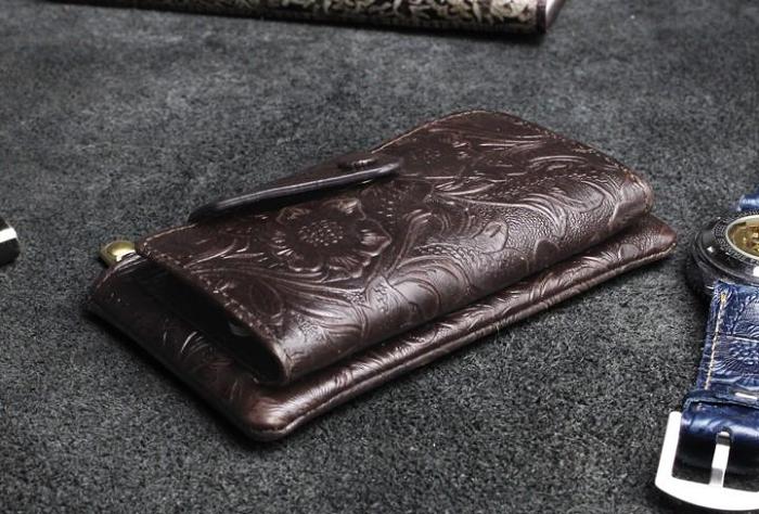 Handmade Leather Floral Mens Cool Key Wallet Wallet Card Holder Small Card Keychain Wallets for Men