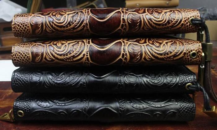 Handmade Leather Mens Tooled Floral Cool Zipper Phone Travel Long Wallet Card Holder Card Slim Clutch Wallets for Men