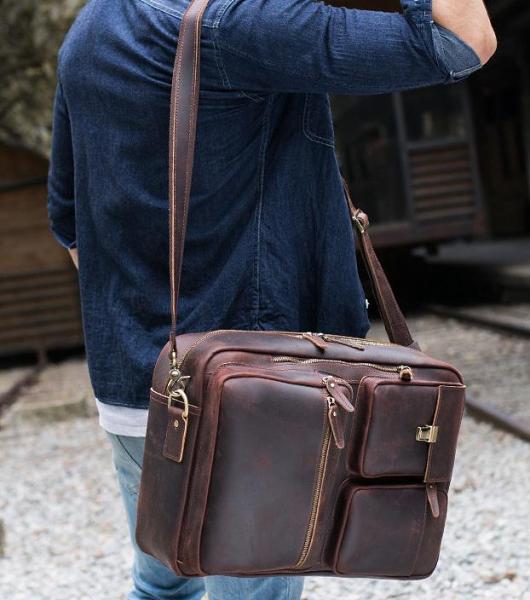 Large Brown Leather Mens Briefcase 15inch Laptop Backpack Work Bag Travel Bag For Men