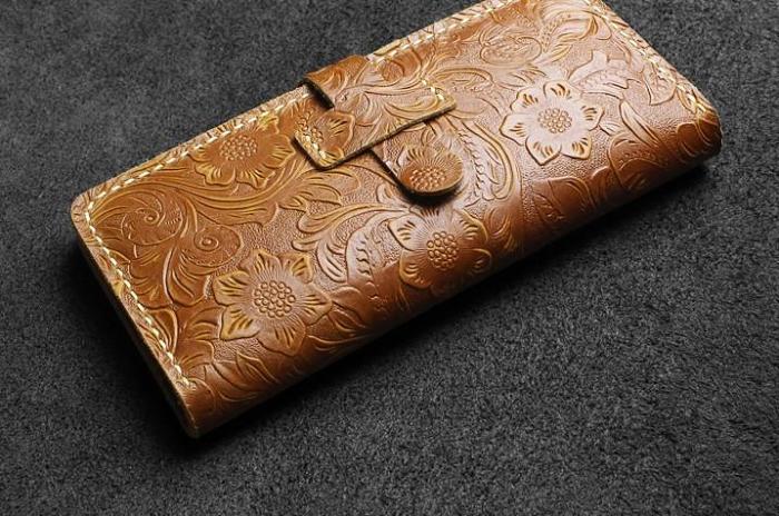 Handmade Leather Floral Mens Cool Travel Long Wallet Card Holder Card Slim Clutch Wallets for Men