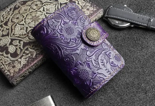 Handmade Leather Floral Mens Cool Short Wallet Card Holder Small Card Slim Wallets for Men