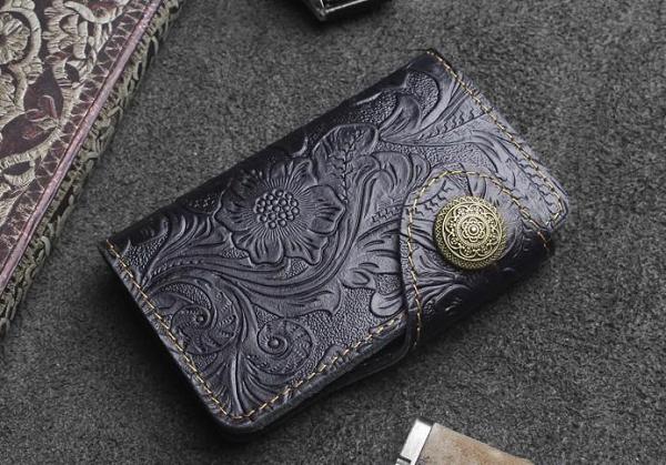 Handmade Leather Floral Mens Cool Key Wallet Wallet Card Holder Small Card Keychain Wallets for Men