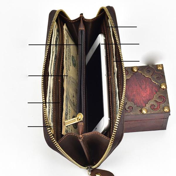 Handmade Leather Mens Cool Long Leather Wallet Zipper Clutch Wallet for Men