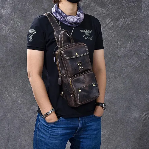 Cool Leather Mens 8 Brown Vintage Sling Bag Chest Bag One Shoulder Backpack for Men