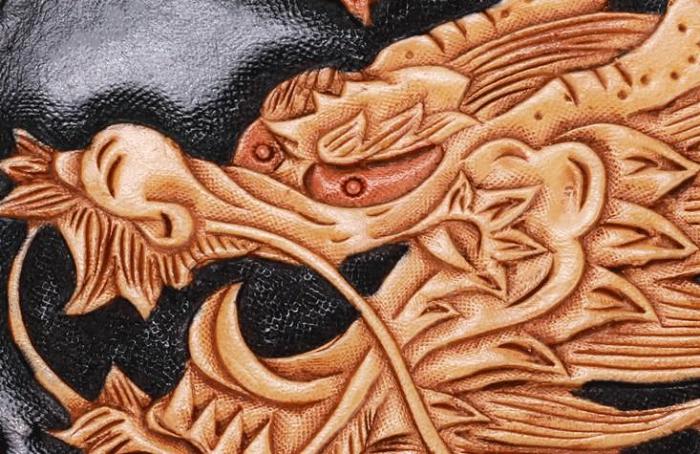 Handmade Leather Mens Clutch Wallet Cool Chinese Dragon Tooled Wallet Long Zipper Wallets for Men