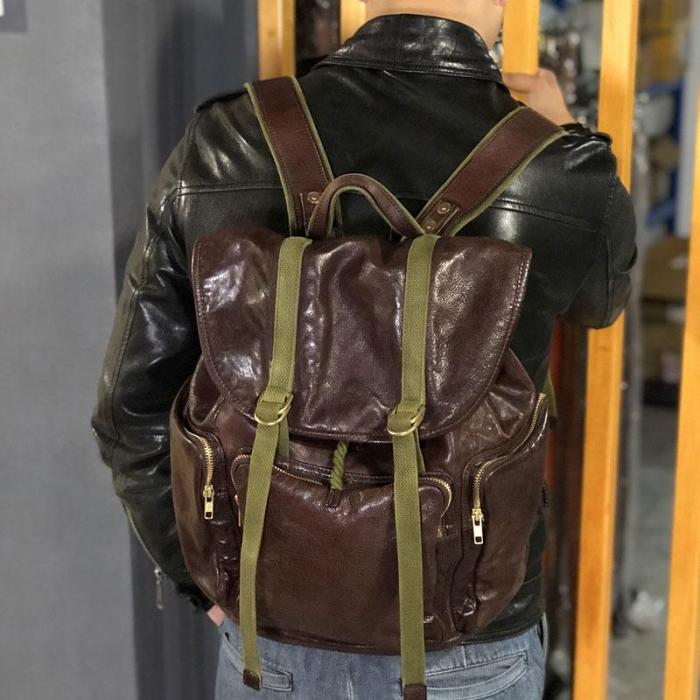 Genuine Leather Mens Cool Backpack Sling Bag Large Black Travel Bag Hiking Bag for men