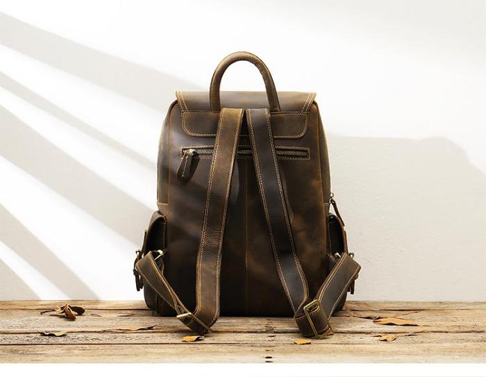 Dark Brown Cool Mens 15 inches Leather Computer Backpacks Travel Backpacks Laptop Backpack for men