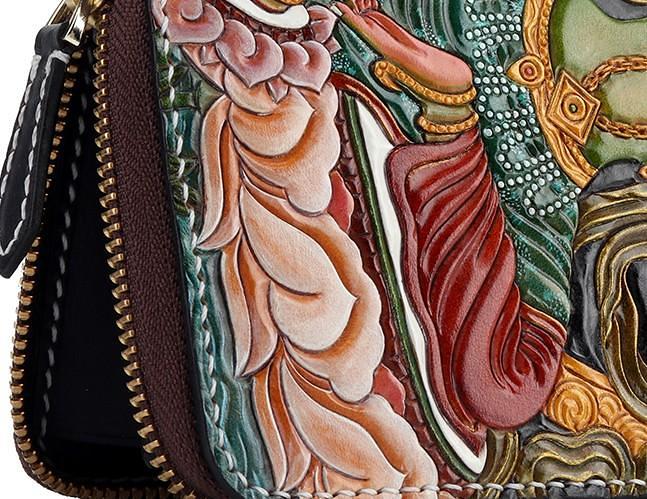 Handmade Leather Green Tara Buddhism Mens Chain Biker Wallet Cool Leather Wallet With Chain Wallets for Men