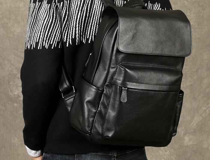 Genuine Leather Mens Cool Backpack Sling Bag Large Black Travel Bag Hiking Bag for men