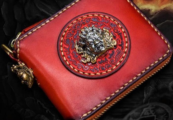 Handmade Leather Small Tooled Mens billfold Wallet Cool Chain Wallet Biker Wallet for Men