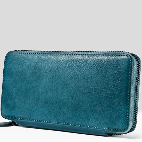 Handmade Leather Mens Cool Long Leather Wallet Bifold Zipper Clutch Wallet for Men