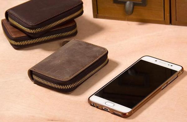 Leather Mens Card Wallet Zipper Vintage Coffee Brown Multi Card Change Wallet for Men