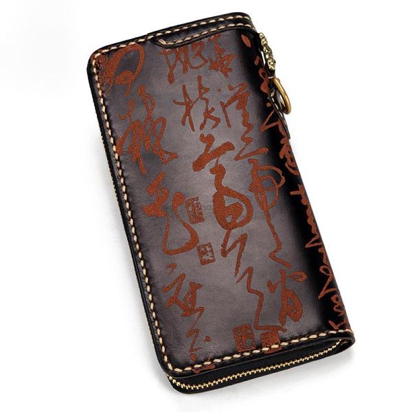 Handmade Leather Mens Chain Chinese Handwriting Biker Wallet Cool Leather Wallet Long Phone Wallets for Men