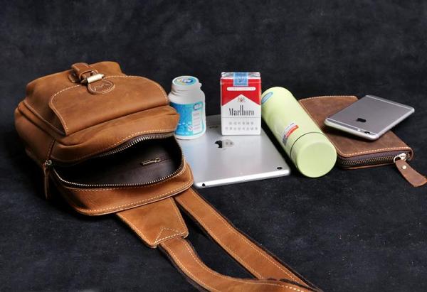 Handmade Leather Mens Cool Chest Bag Sling Bag Crossbody Bag Travel Bag Hiking Bag for men