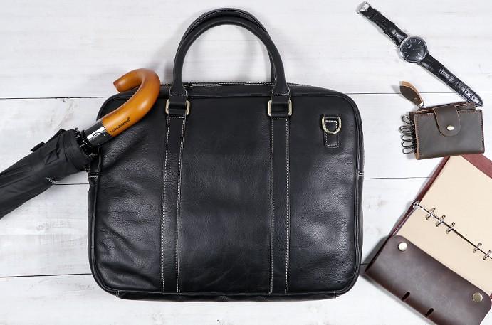 Cool Black Leather Mens Briefcase Work Bag Laptop Bag Business Bag for Men