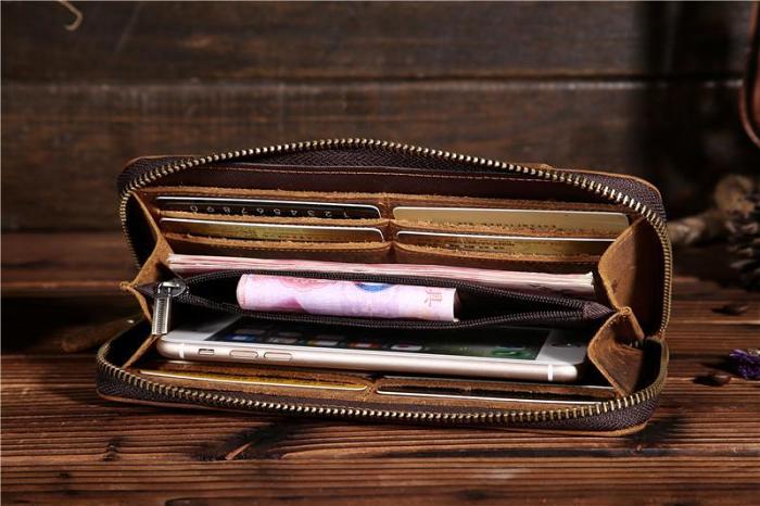 Vintage Leather Mens Long Wallet Bifold Zipper Cool Clutch Wallet for Men