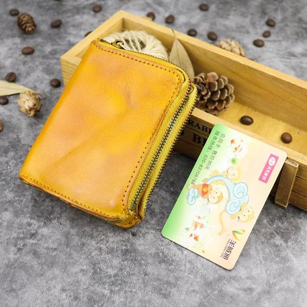 Brown Leather Men's Yellow Zipper Camel Small Wallet Bifold billfold Card Wallet For Men