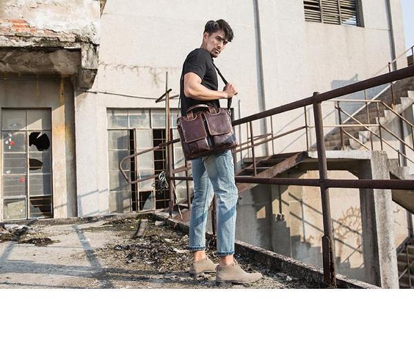 Cool Coffee Leather Mens 13 inches Vertical Briefcase Side Bag Messenger Bags Work Bags Courier Bag for Men
