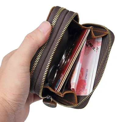 Vintage Leather Mens Small Cool Key Wallet Zipper Card Wallet for Men