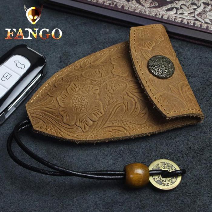 Handmade Leather Floral Mens Cool Car Key Wallet Coin Wallet Pouch Car KeyChain for Men