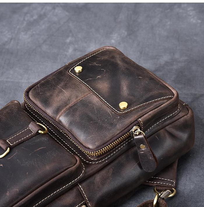 Cool Leather Mens 8 Brown Vintage Sling Bag Chest Bag One Shoulder Backpack for Men