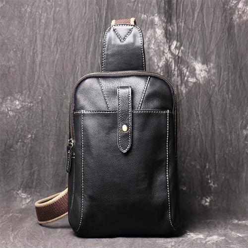 Fashion Black Leather Sling Backpack Men's Sling Bag Black Chest Bag One shoulder Backpack Black Sling Pack For Men