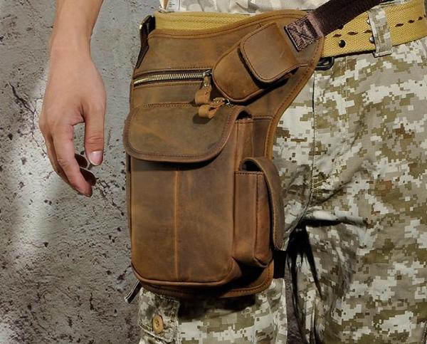 Cool Biker Mens Leather Drop Leg Bag Waist Bag Side Bag Belt Pouch Shoulder Bag for Men