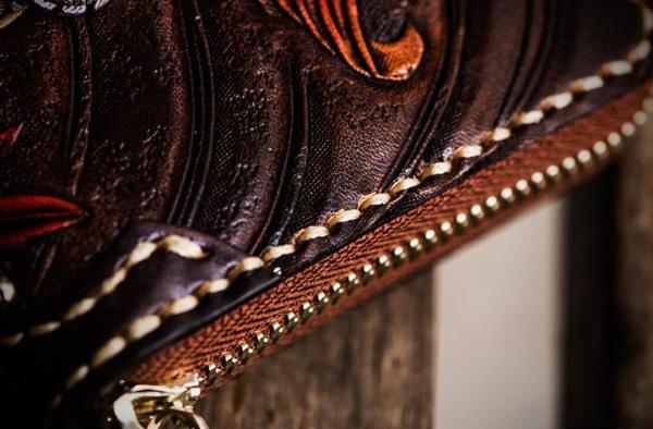 Handmade Leather Tooled Carp Mens Chain Biker Wallet Cool Leather Wallet Long Phone Wallets for Men